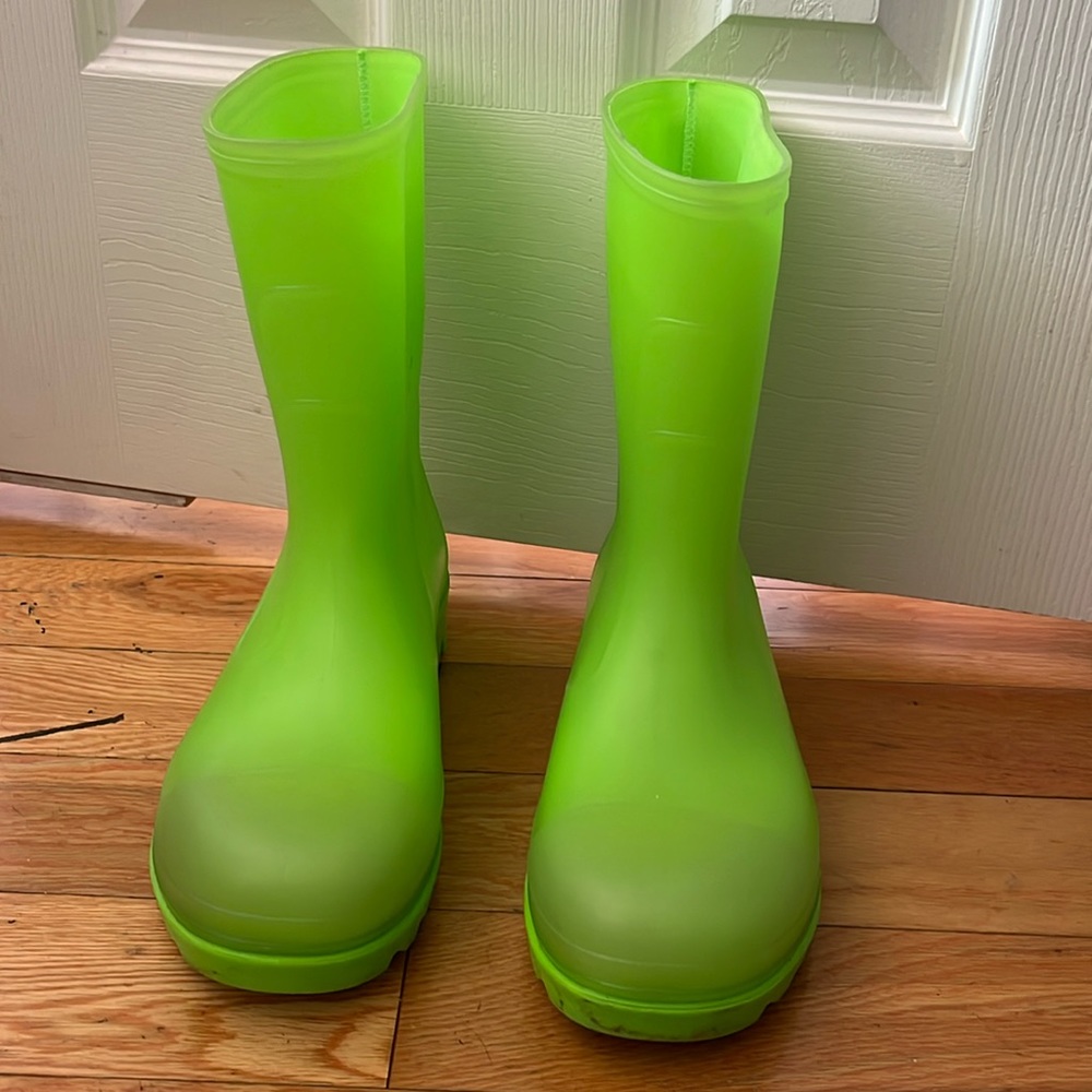 Bright green rain boots